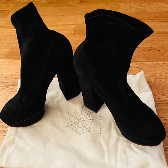 New Platform block heel black suede Charlotte Olympia black booties 39.5 - Picture 1 of 12